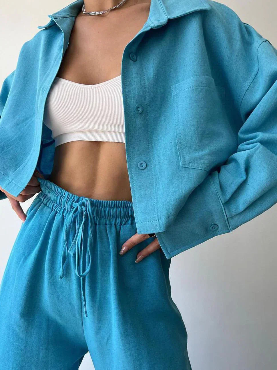 Set de pantaloni din două piese cu guler și șnur, casual