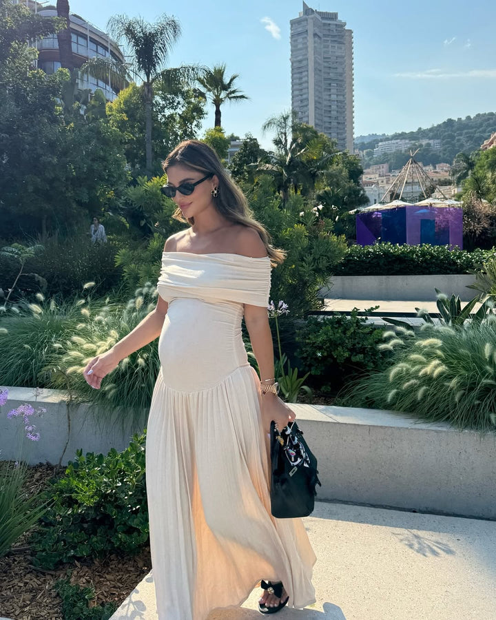 Amara – Rochie Maxi de Maternitate Elegantă cu Falduri