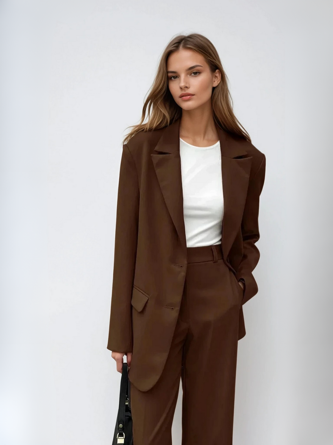 Blazer vintage mocha coordonat și pantaloni cu picioare largi