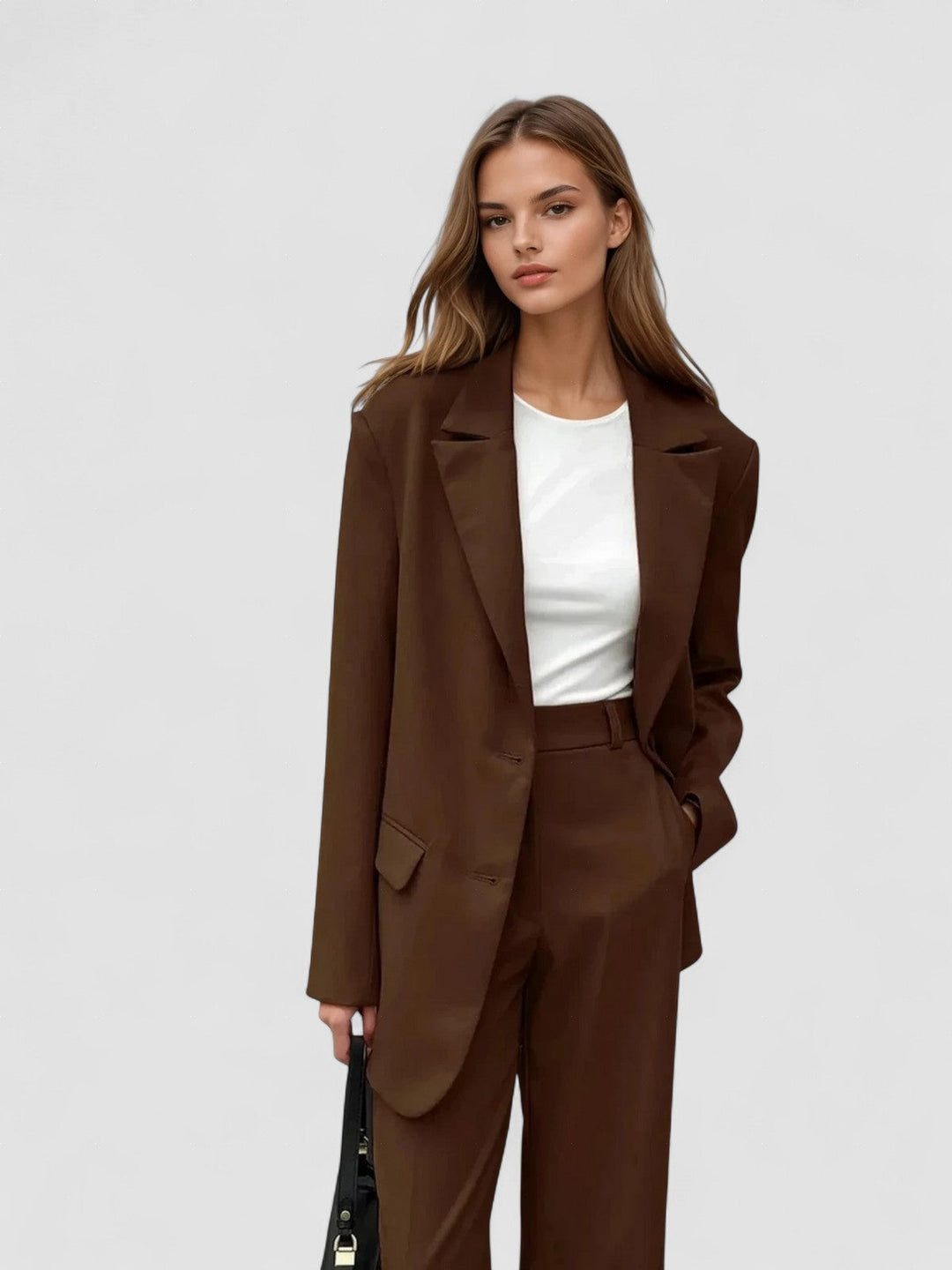 Blazer vintage mocha coordonat și pantaloni cu picioare largi