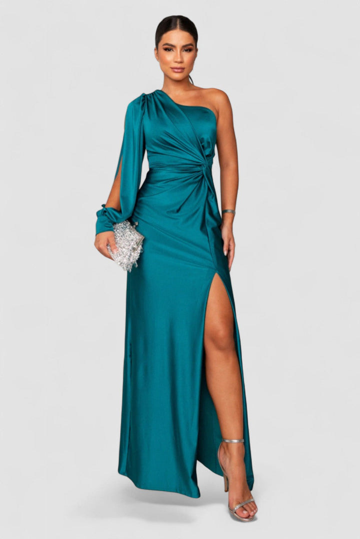 Araceli – Rochie Satinată Asimetrică cu Nod și Umăr Descoperit