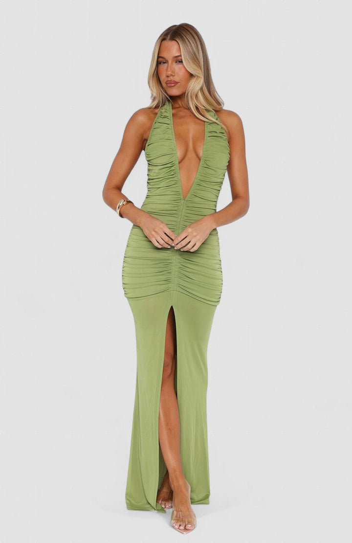 Freya – Rochie de Damă Maxi Elegantă cu Decolteu și Fustă Plisată