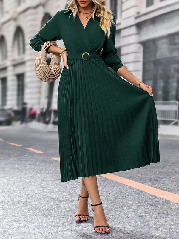 Elina – Rochie de Damă Elegantă Midi Plisată cu Mâneci Lungi