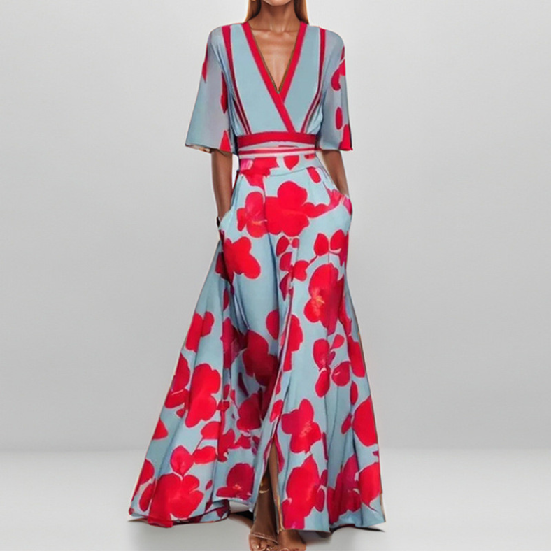 Elise – Rochie Maxi Florală Elegantă cu Decolteu în V și Mâneci Vaporoase