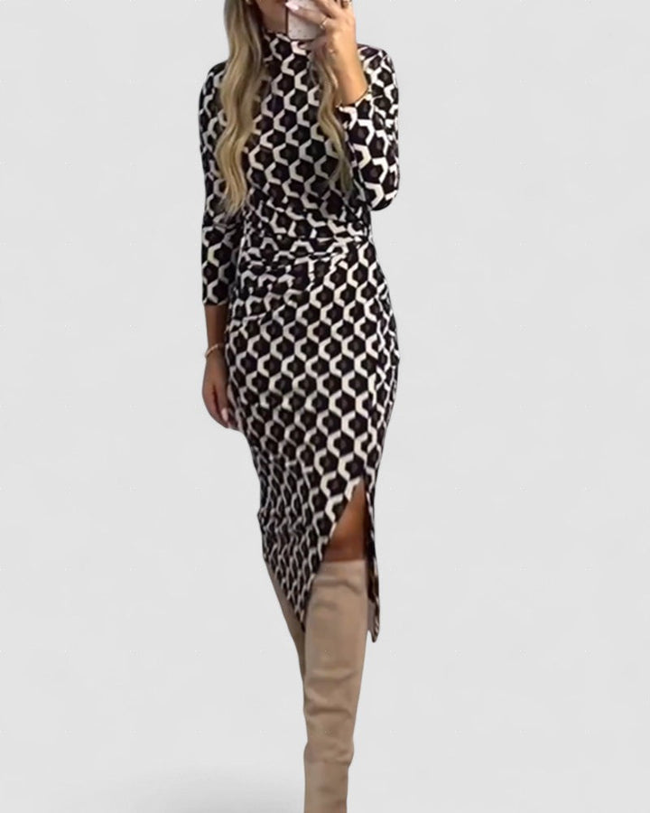 Jess – Rochie de Damă Elegantă cu Fanta și Imprimeu Strălucitor