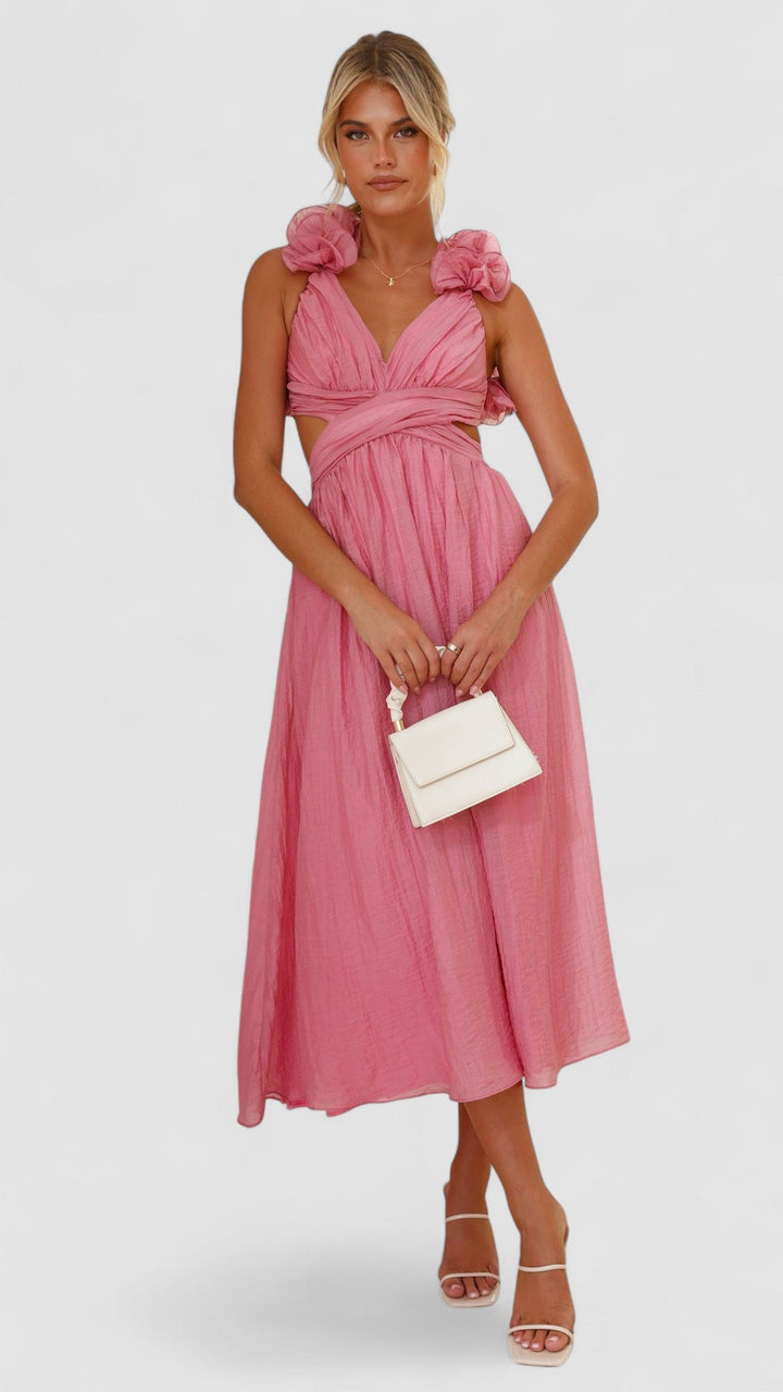 Ava – Rochie Midi Damă Roz cu Mâneci Puff și Croi Fluid