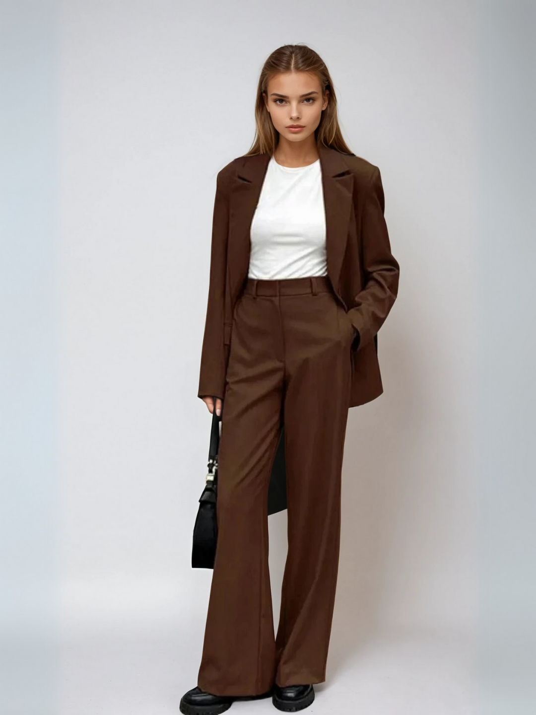 Sacou vintage coordonat mocha și pantaloni cu picioare largi