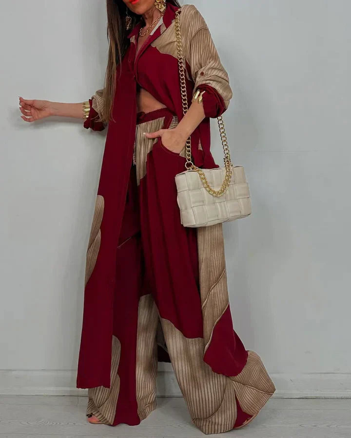 ISABEAU – SET TOP CU PRINT PATCHWORK TENDENȚĂ ȘI PANTALONI LARGI