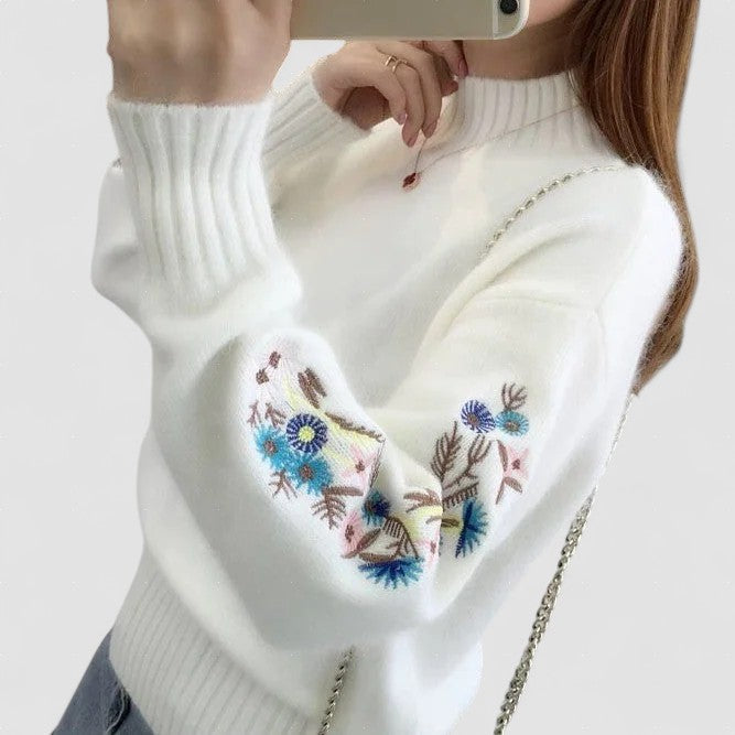 SASKIA | Pulover din bumbac gros tricotat cu broderie florală