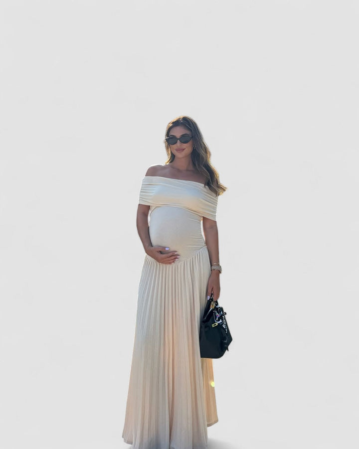 Amara – Rochie Maxi de Maternitate Elegantă cu Falduri