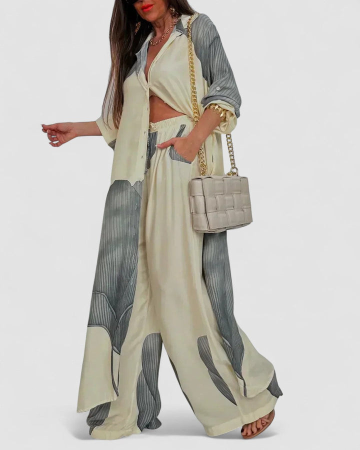 ISABEAU – SET TOP CU PRINT PATCHWORK TENDENȚĂ ȘI PANTALONI LARGI