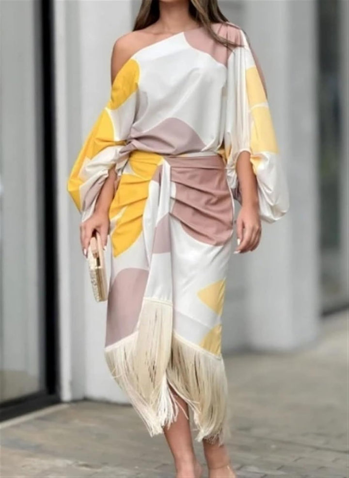 Talia – Rochie de Damă Satinată Elegantă cu Volane Asimetrice