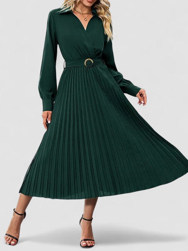 Elina – Rochie de Damă Elegantă Midi Plisată cu Mâneci Lungi