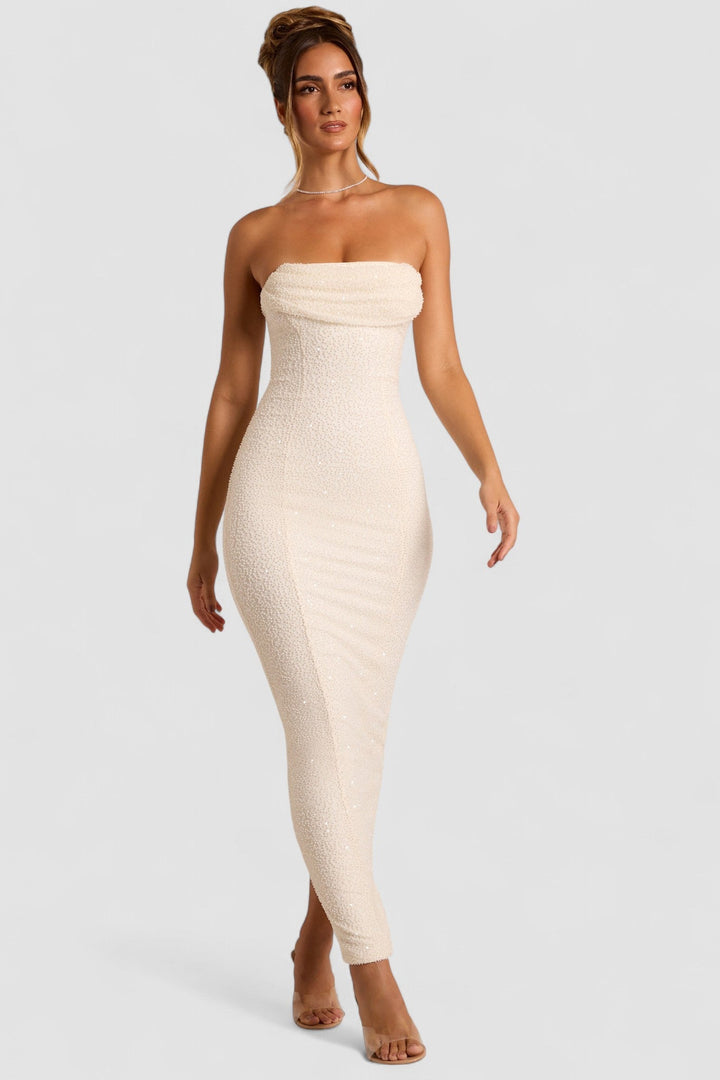 Yasmin – Rochie Maxi Elegantă cu Decolteu Drapat și Detalii Strălucitoare