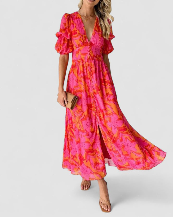 Barbara – Rochie Maxi Damă Roșie și Roz Elegantă Feminină