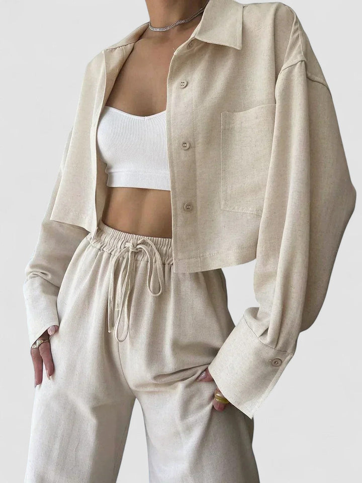 Set de pantaloni din două piese cu guler și șnur, casual