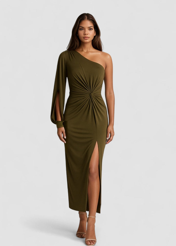 Clarisse – Rochie de Damă Drapată pe Un Umăr Elegantă Oliv