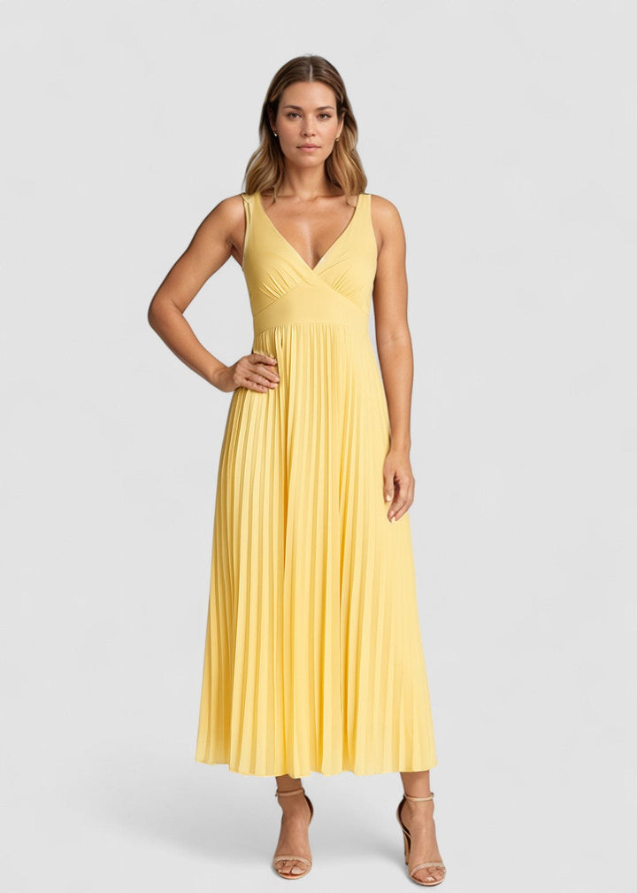 Alva – Rochie de Damă Midi Plisată cu Decolteu în V Galbenă