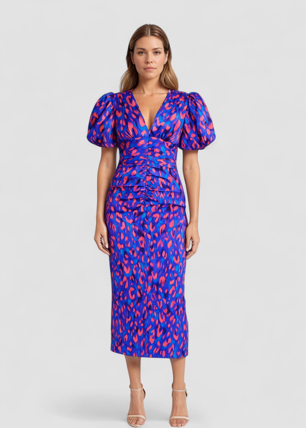 Lily – Rochie Midi Multicoloră cu Pliuri și Mâneci Bufante pentru Vară