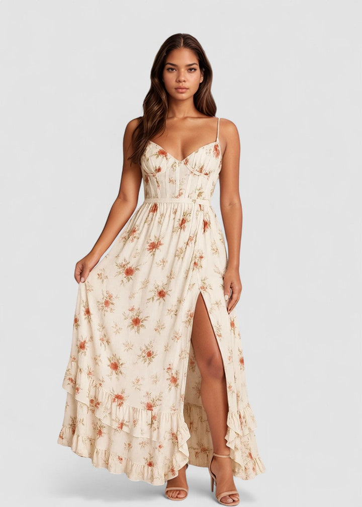 Yana – Rochie Maxi de Damă Elegantă cu Volane și Imprimeu Floral