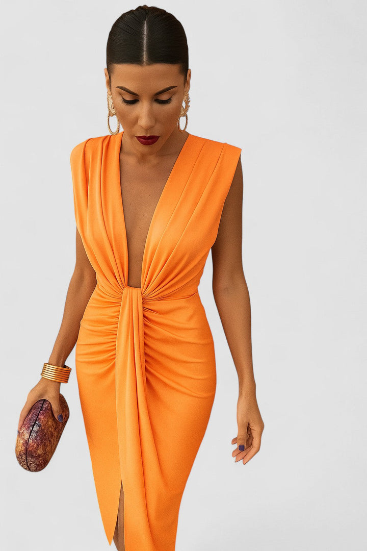 Isla – Rochie Midi de Damă cu Decolteu și Drapaje Elegante