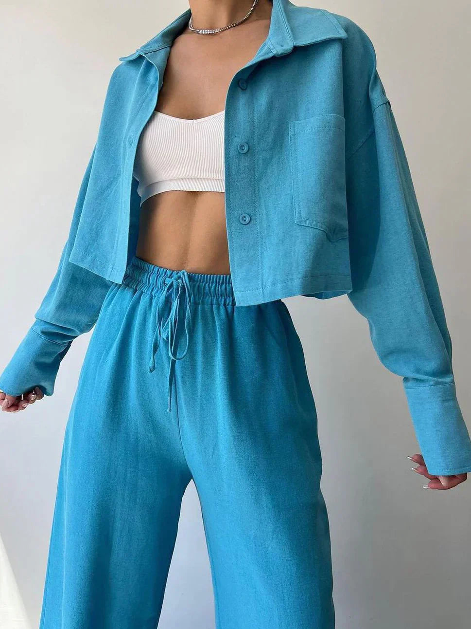 Set de pantaloni din două piese cu guler și șnur, casual