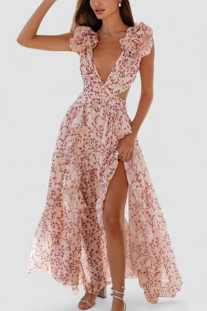 Isadora – Rochie Maxi de Damă cu Mâneci Volan și Decupaje