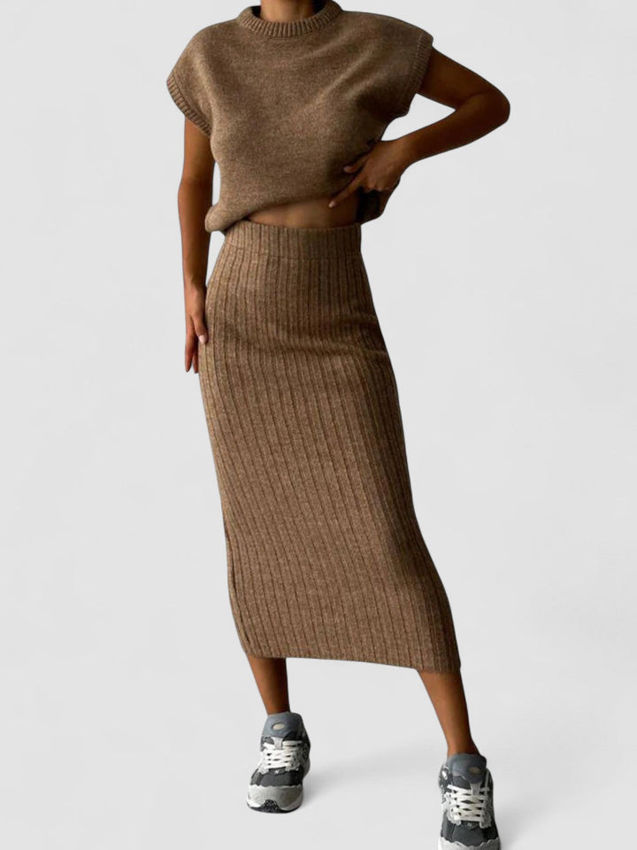 Set Asamblat: Top Tricotat Gros și Fustă Midi Tricotată cu Talie Înaltă