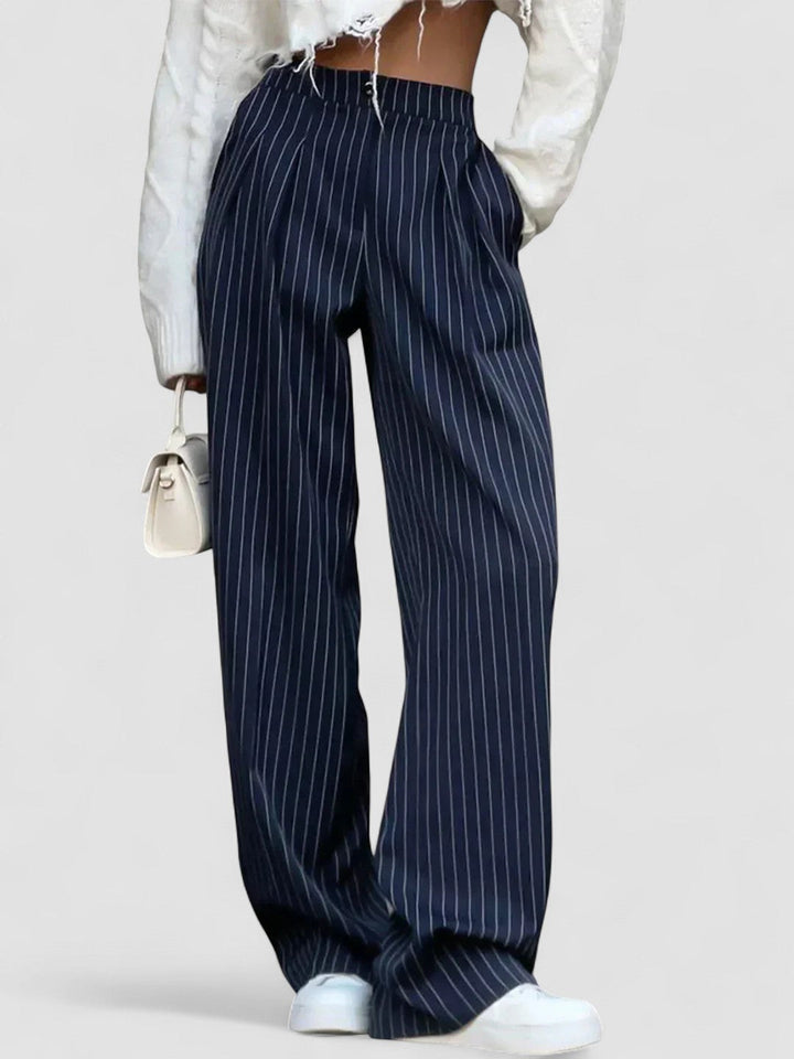 Pantaloni de birou cu pliuri și picior larg cu dungi