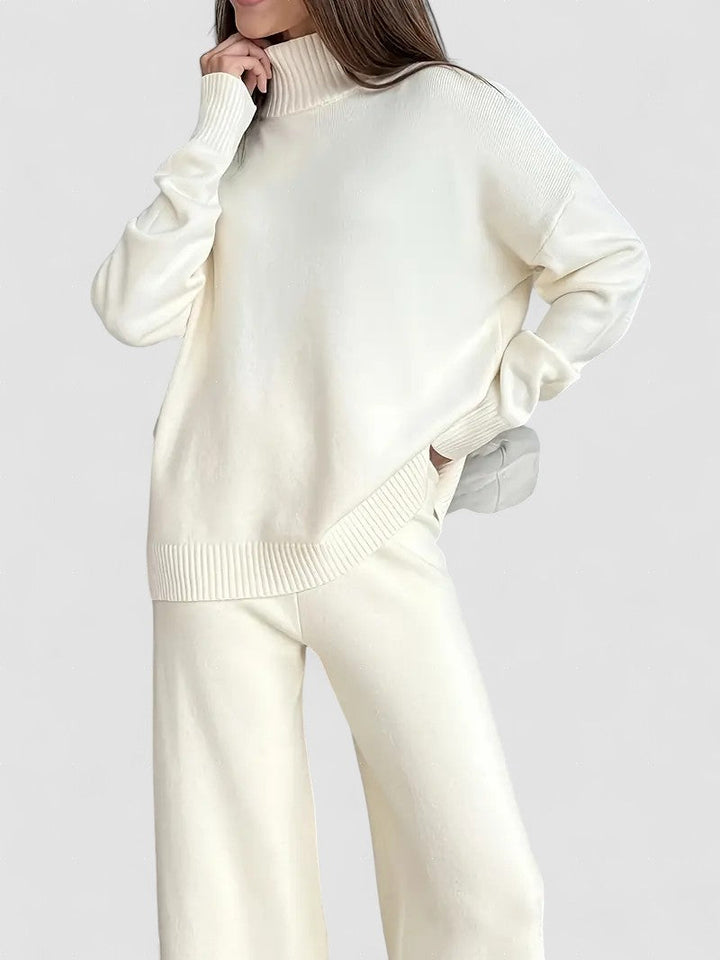 Set tricotat cu guler înalt de culoare solidă