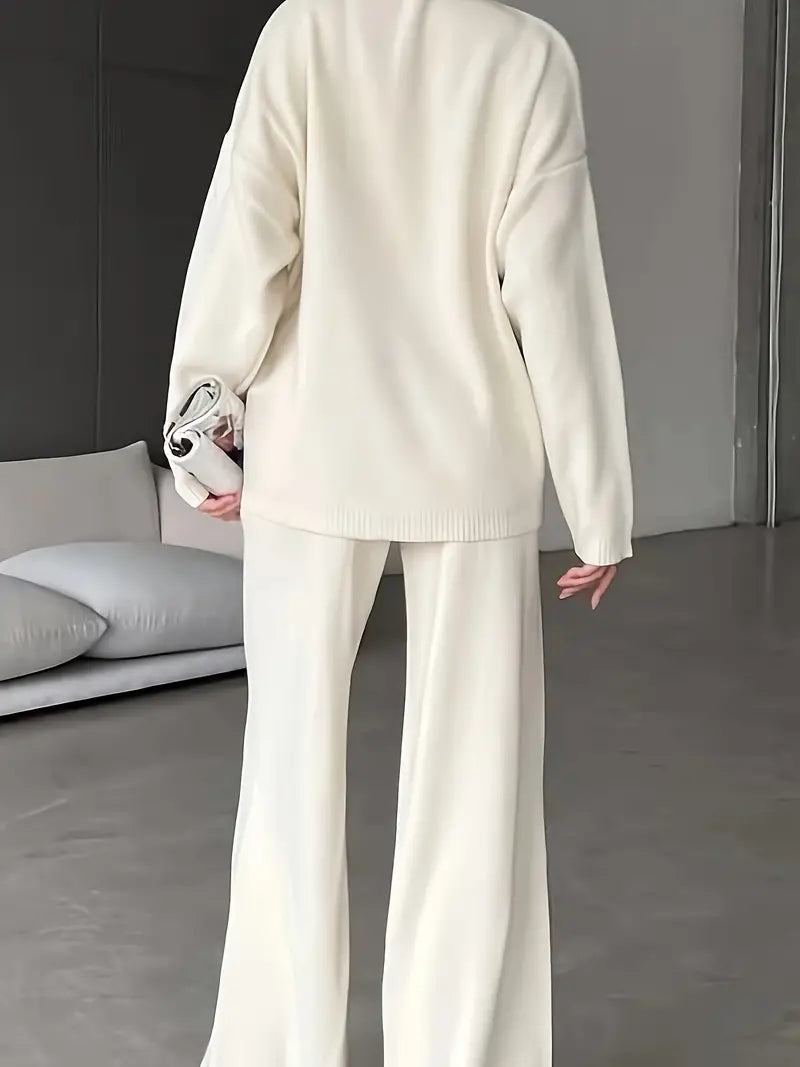 Set de tricot cu guler înalt de culoare solidă