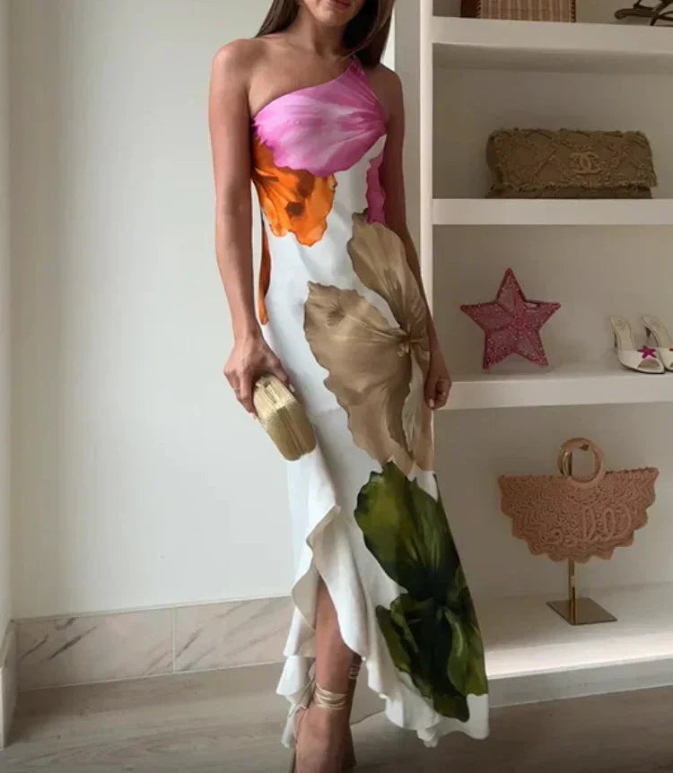 Jorgina – Rochie de Damă Maxi Asimetrică cu Volane și Imprimeu Floral