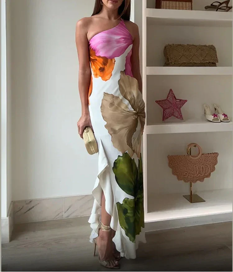 Jorgina – Rochie de Damă Maxi Asimetrică cu Volane și Imprimeu Floral