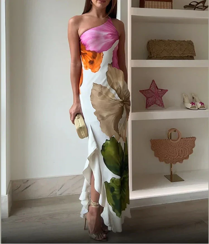 Jorgina – Rochie de Damă Maxi Asimetrică cu Volane și Imprimeu Floral