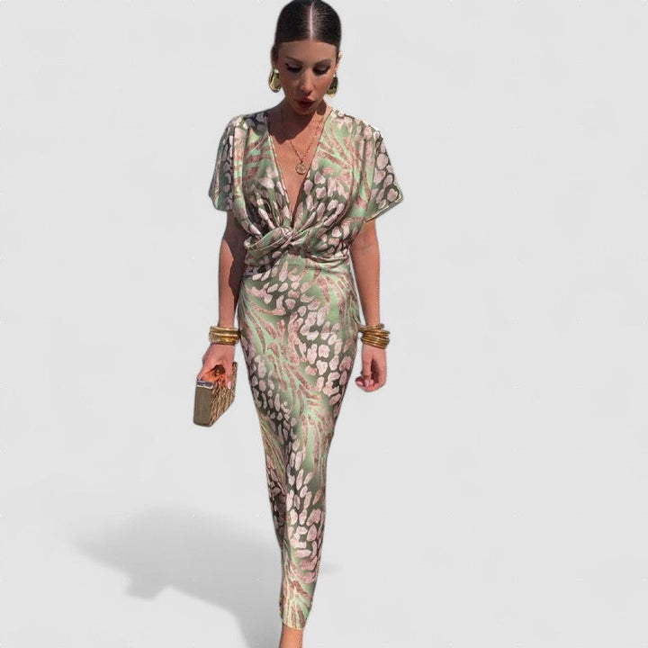 Kelsey - Rochie lungă cu decolteu în V și detaliu răsucit