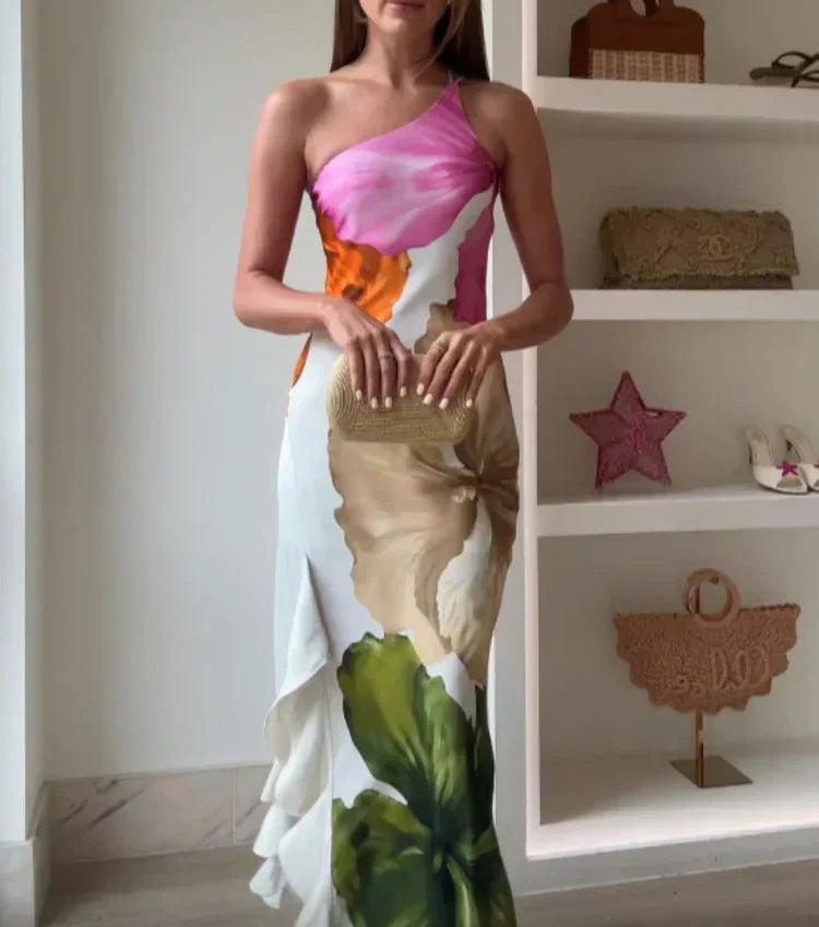 Jorgina – Rochie de Damă Maxi Asimetrică cu Volane și Imprimeu Floral