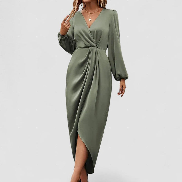 Eleganță – Rochie Damă Satinată Midi cu Decolteu în V și Mâneci Lungi