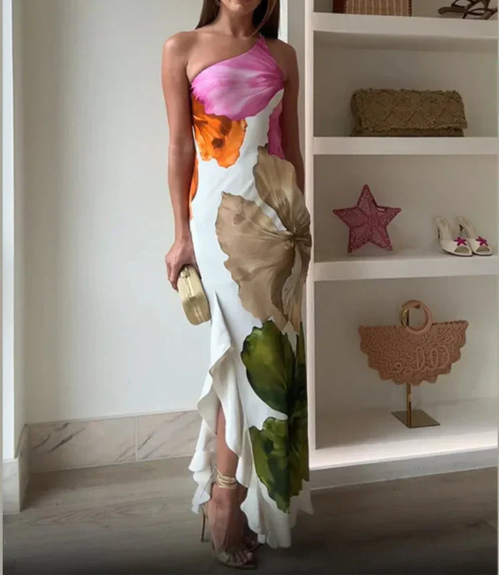 Jorgina – Rochie de Damă Maxi Asimetrică cu Volane și Imprimeu Floral