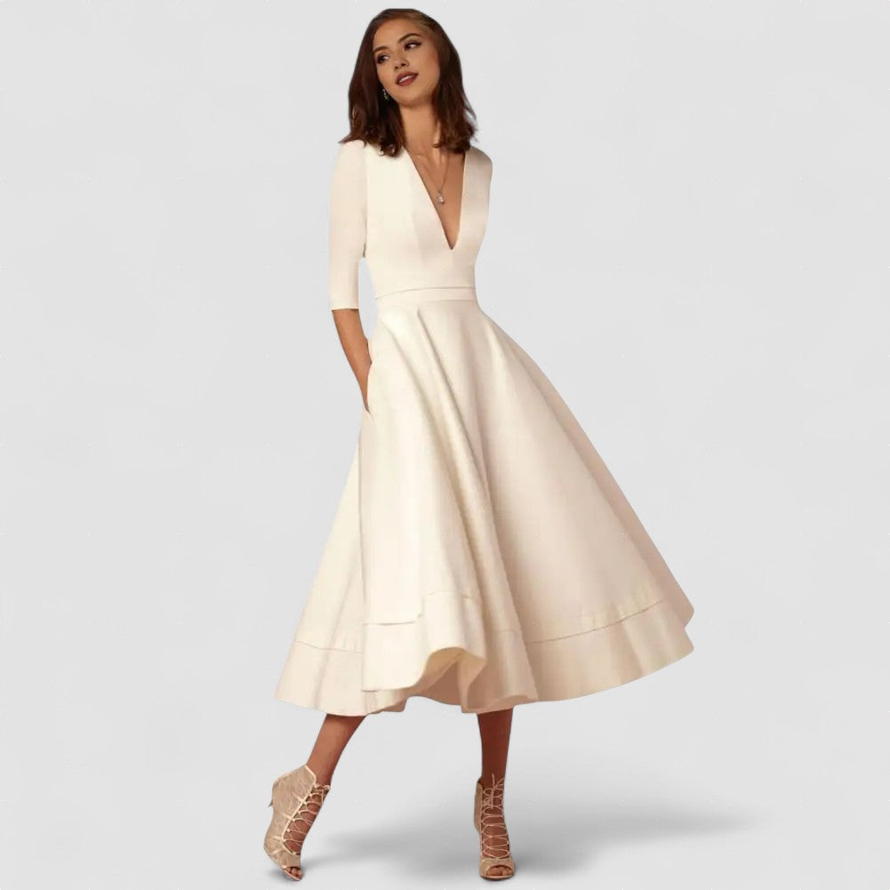 Rebekka – Rochie Midi Femei A-linie cu Mâneci Trei Sferturi Vară