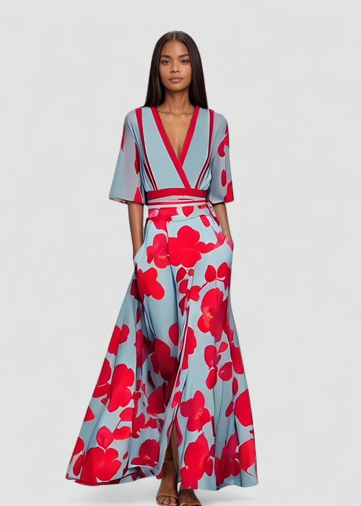 Elise – Rochie Maxi Florală Elegantă cu Decolteu în V și Mâneci Vaporoase