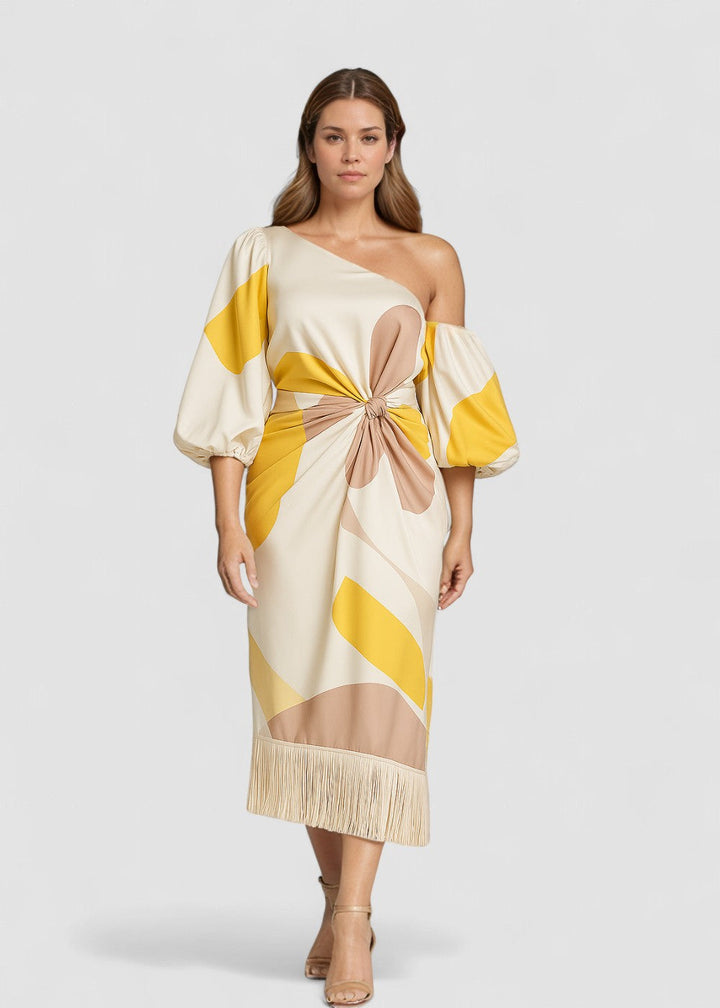 Talia – Rochie de Damă Satinată Elegantă cu Volane Asimetrice