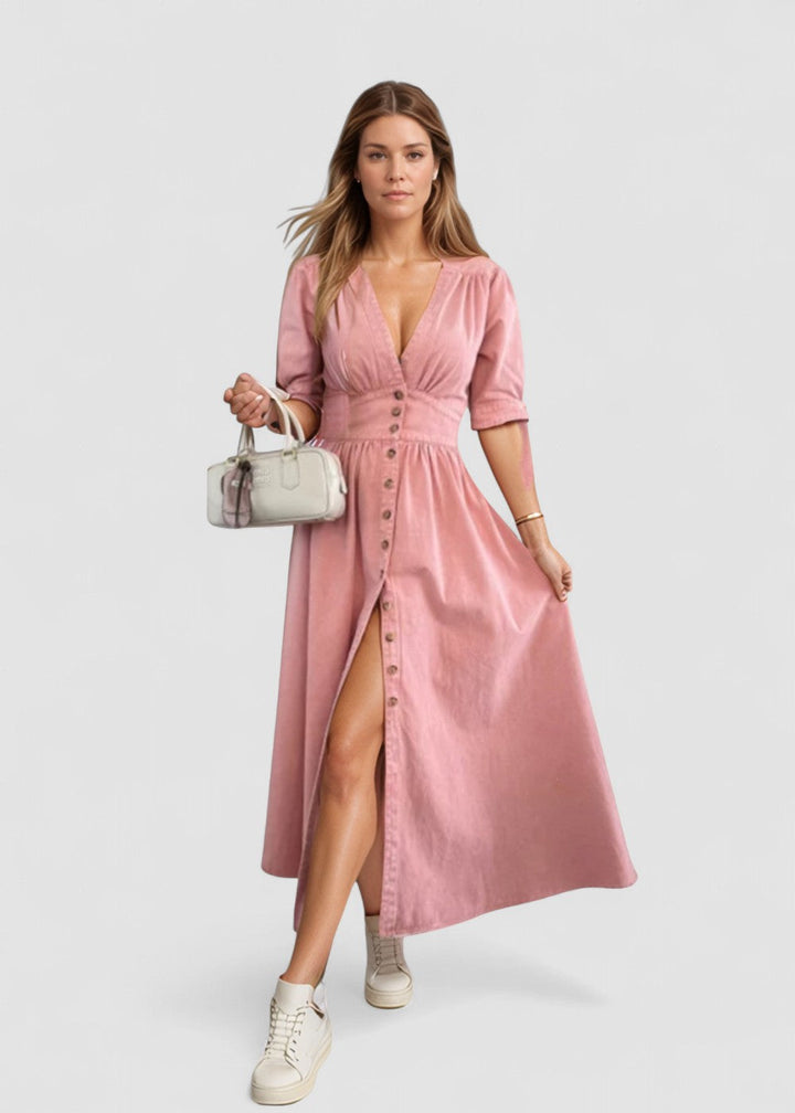 Luise – Rochie de Damă Denim Elegantă cu Detalii Strălucitoare