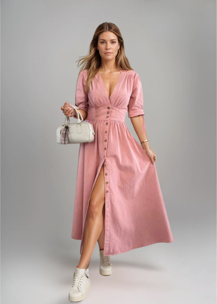 Luise – Rochie de Damă Denim Elegantă cu Detalii Strălucitoare