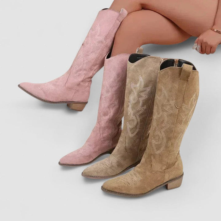 Amarillo – Botine de Damă Cowboy din Suede cu Broderie
