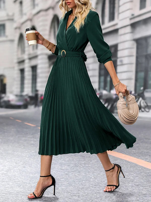 Elina – Rochie de Damă Elegantă Midi Plisată cu Mâneci Lungi