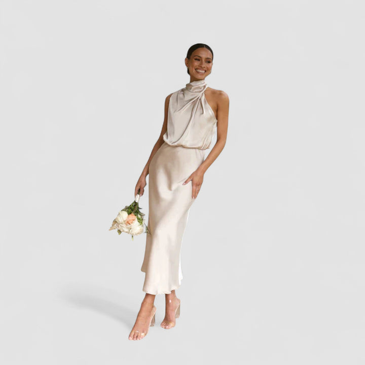 Daisy | Rochie Elegantă din Satin cu Guler Halter