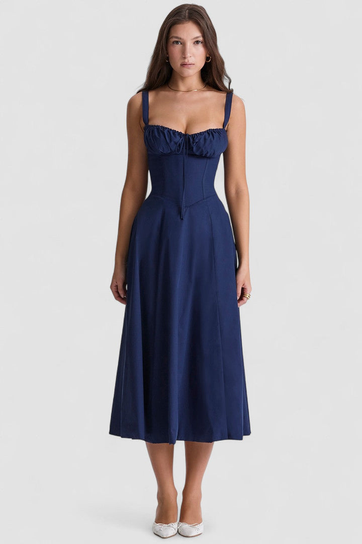 Vivienne – Rochie Midi de Damă cu Corset Romantic Bleumarin