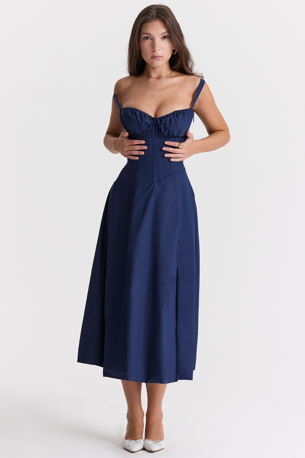 Vivienne – Rochie Midi de Damă cu Corset Romantic Bleumarin