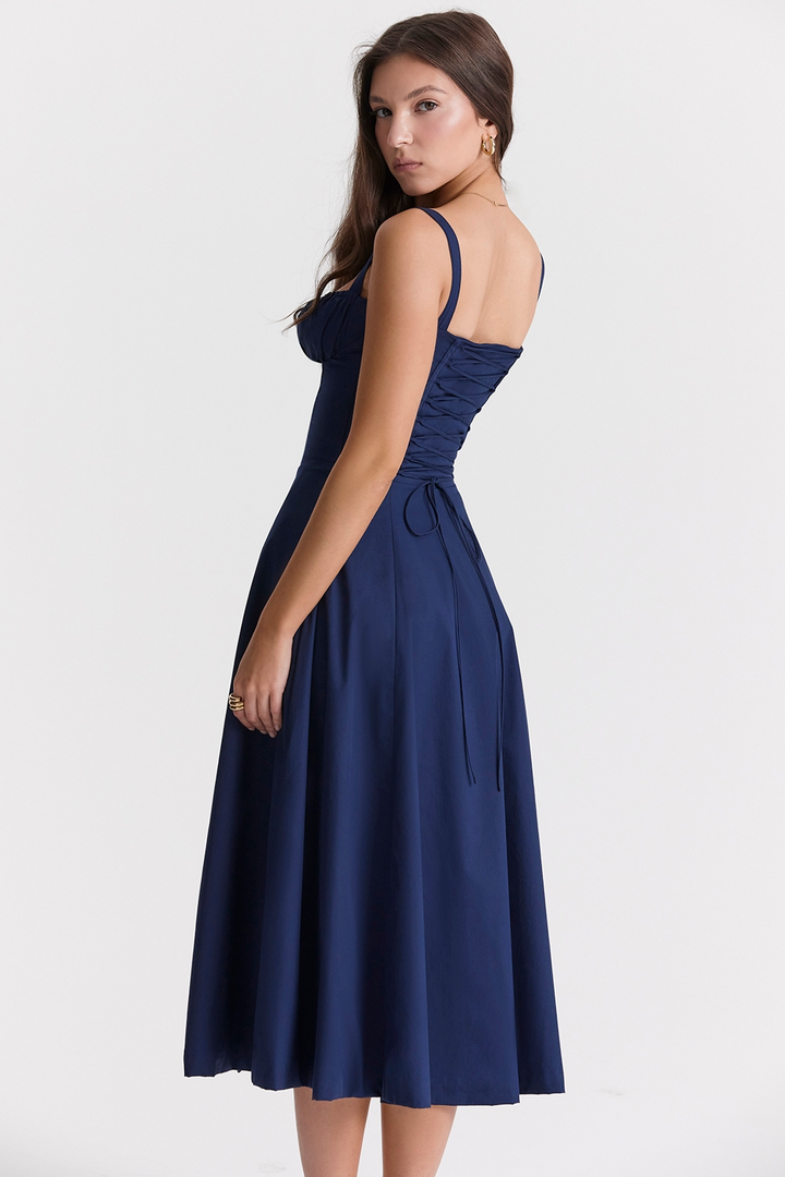 Vivienne – Rochie Midi de Damă cu Corset Romantic Bleumarin