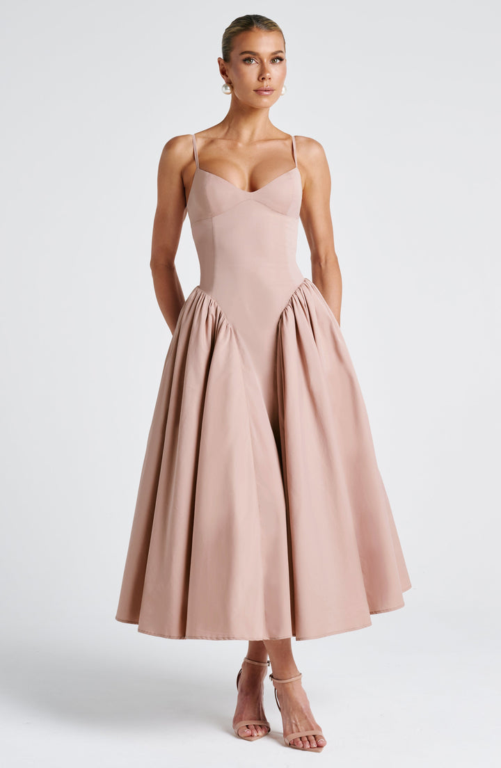 Luminara – Rochie Midi de Damă Elegantă cu Top Ajustat și Fustă Voluminoasă